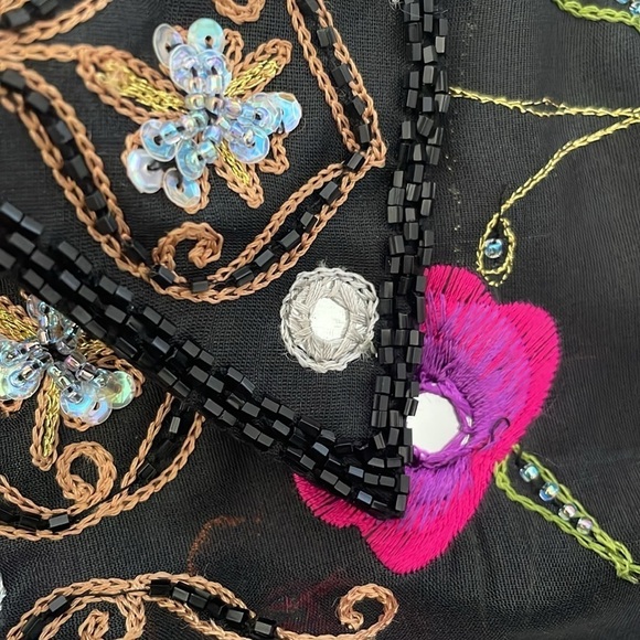 Black Sheer Open Front Long Jacket Blazer Embroidered Beading Stunning Floral M - Picture 10 of 10